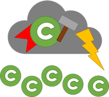Cartoon of a green, circular class symbol flying on a thunder cloud background wearing a cape, with lots of smaller class symbols watching from below