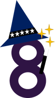 Cartoon of a number eight in a witches hat with a wand